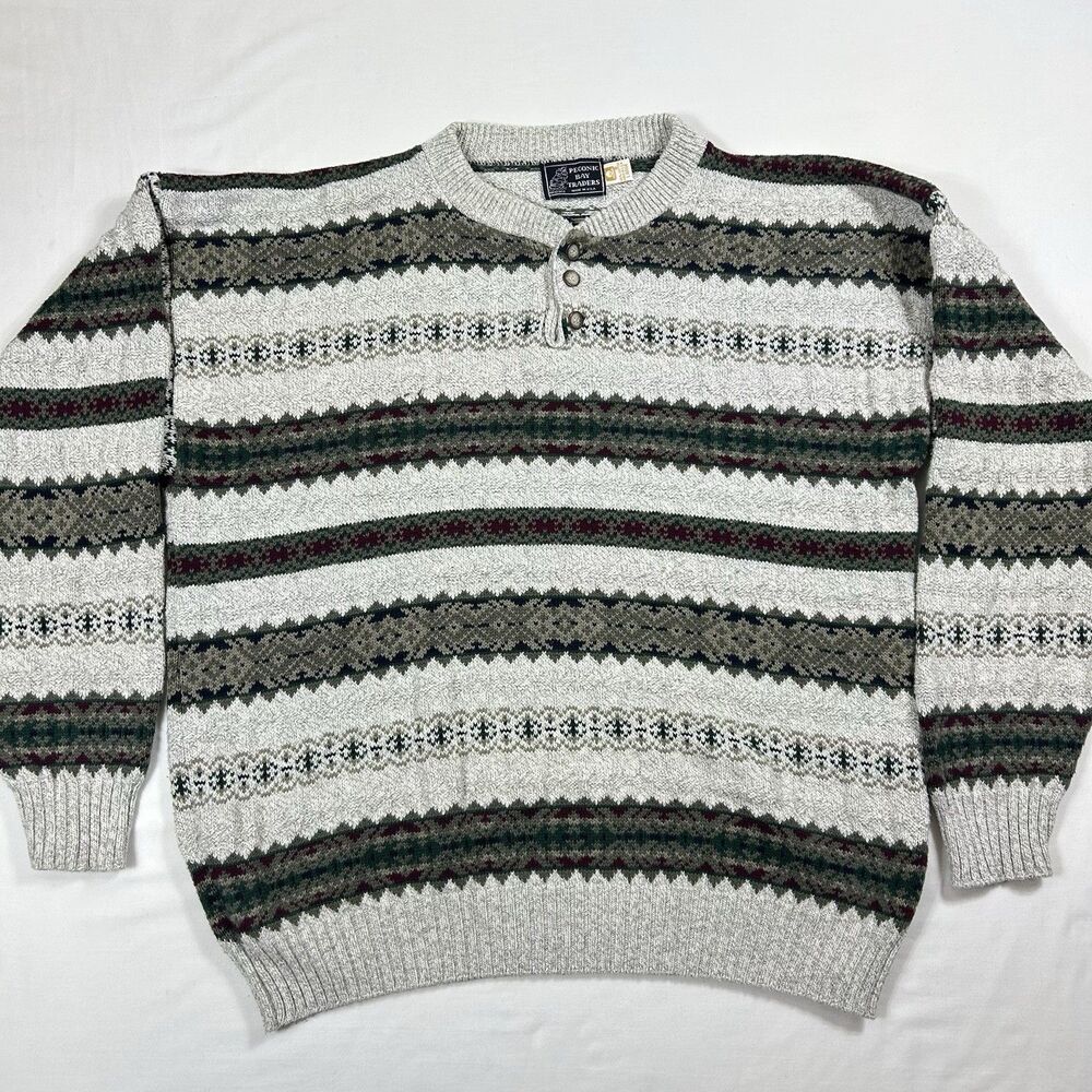 Peconic Bay Traders Cotton Henley Sweater Mens Large USA Cabincore Grandpa Dad